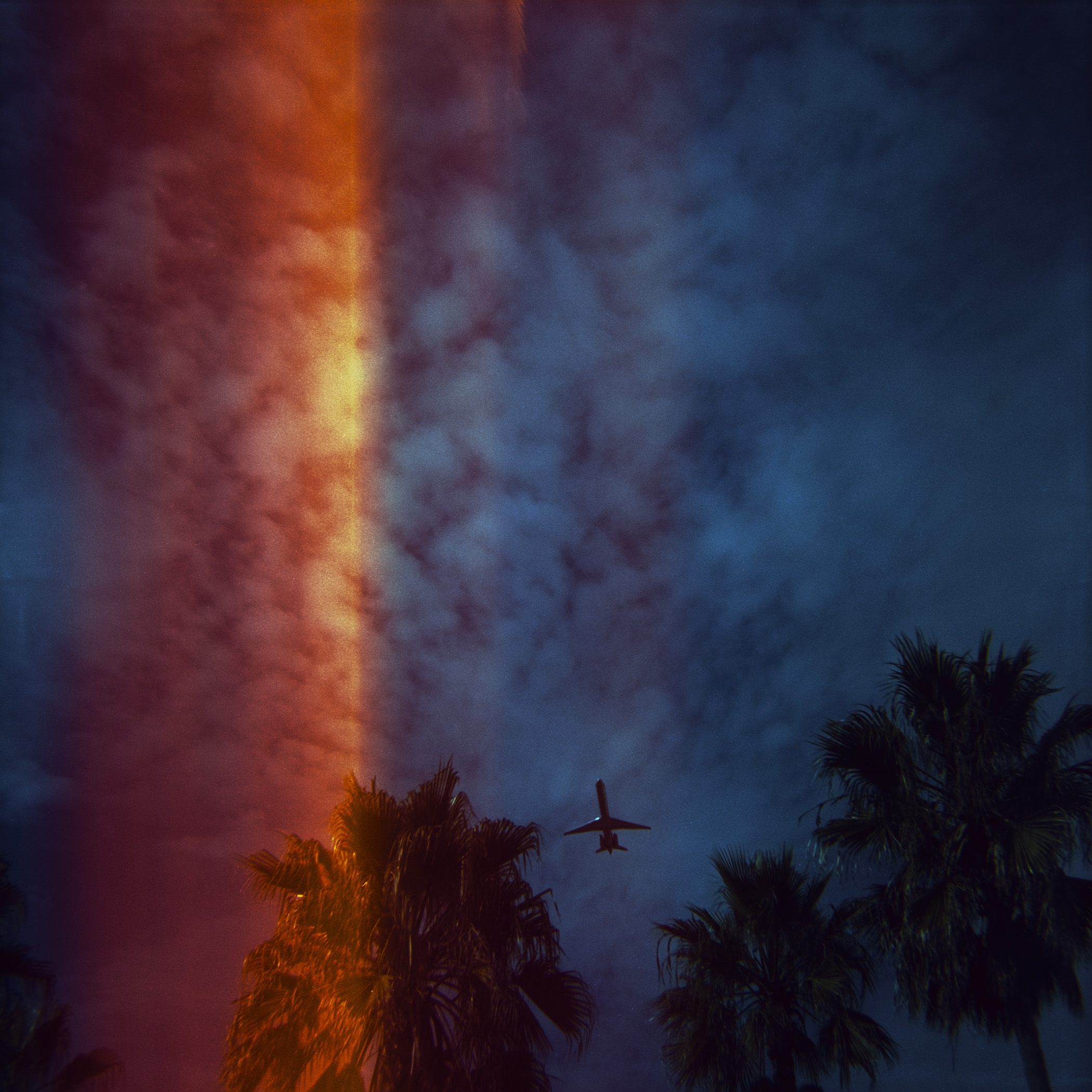 La Nuit Américaine — a plane taking off low over LAX with light-leaked shafts of color falling on palm trees, day-for-night style.
